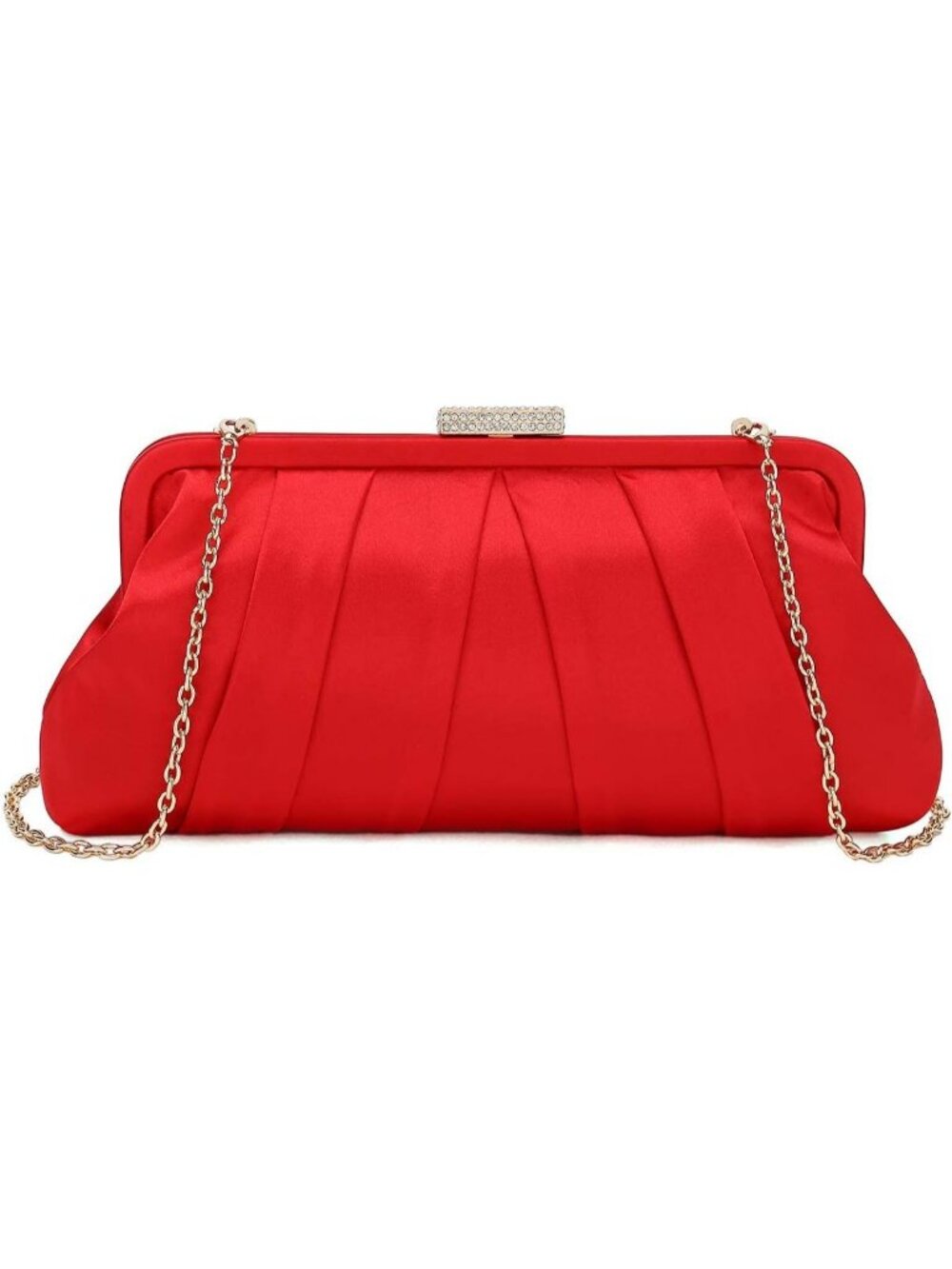Women's Red Classic Pleated Satin Clutch Purse Diamante Formal Evening Bag